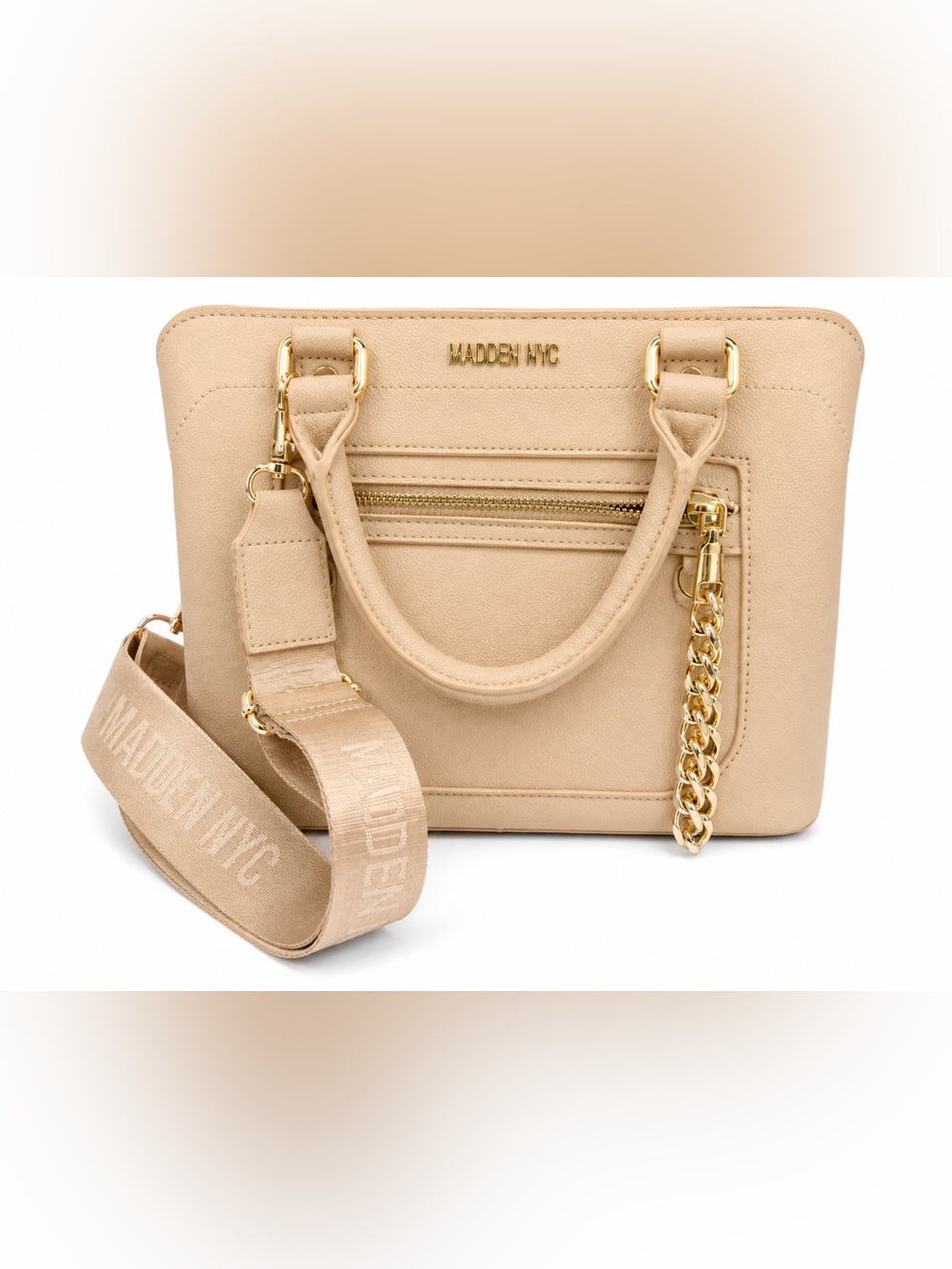 Madden NYC Beige Satchel with Gold Chain Accent